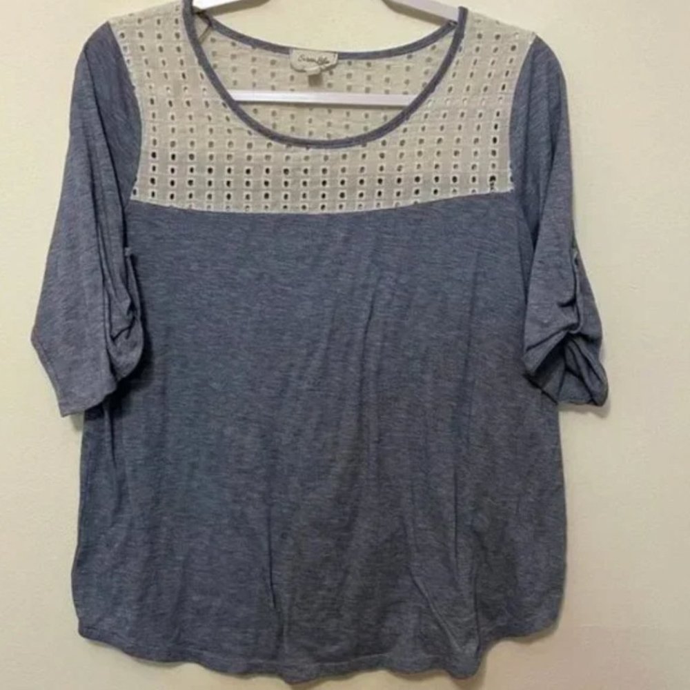 blue white-lace blouse